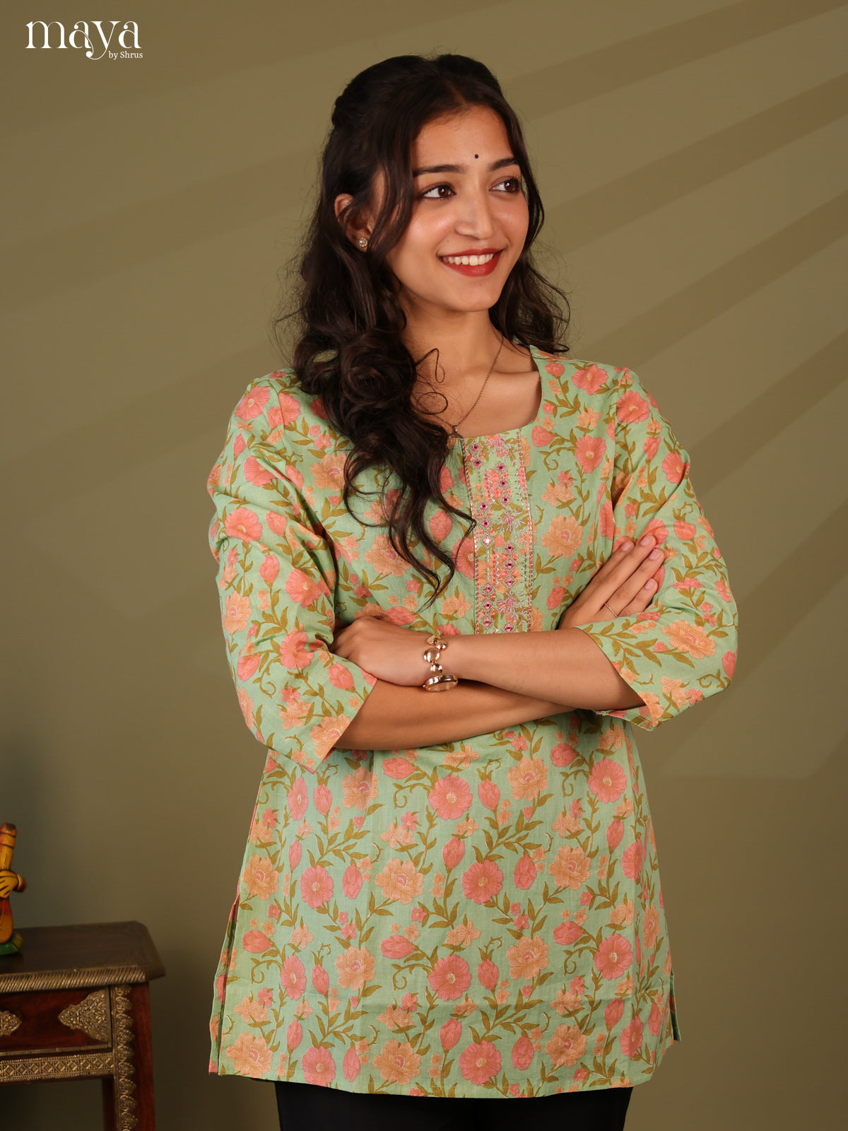 Floral Printed Green Cotton Short Kurti - Shop on Shrus.com