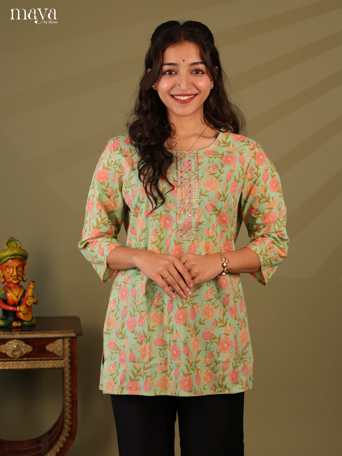 Floral Printed Green Cotton Short Kurti - Shop on Shrus.com
