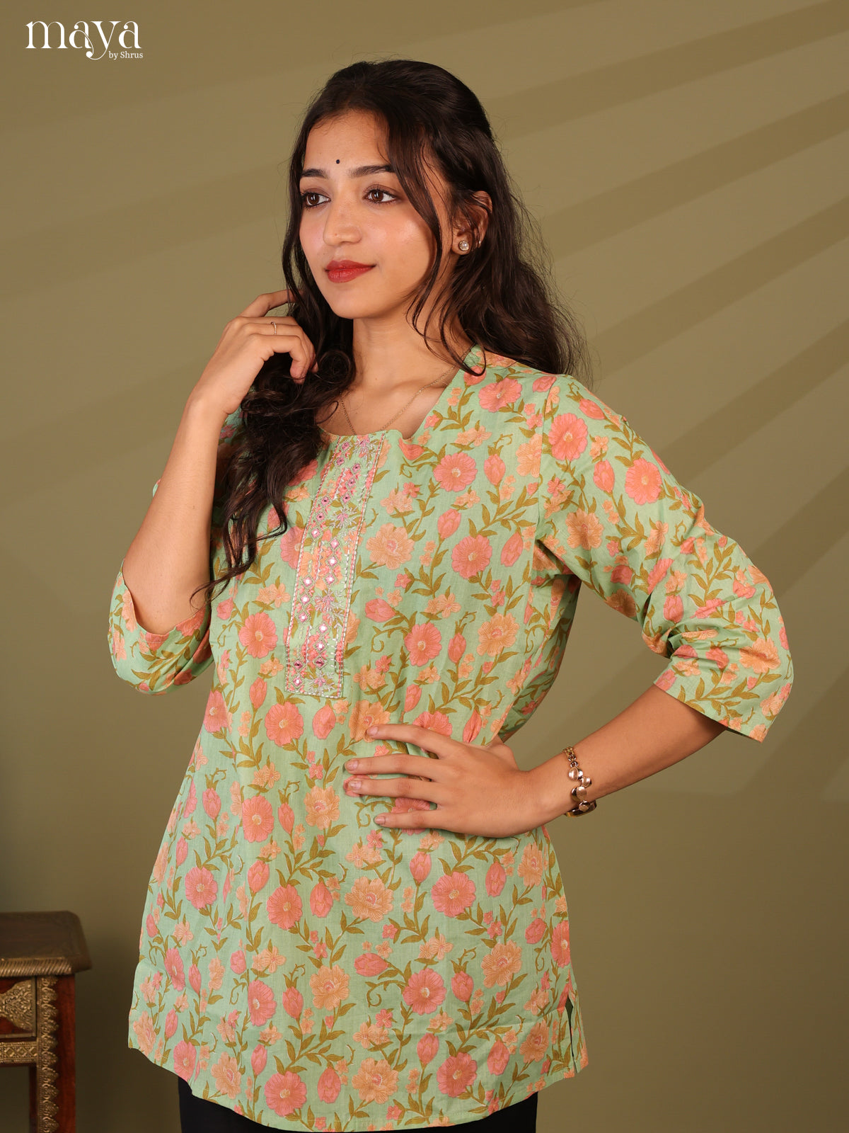 Floral Printed Green Cotton Short Kurti - Shop on Shrus.com