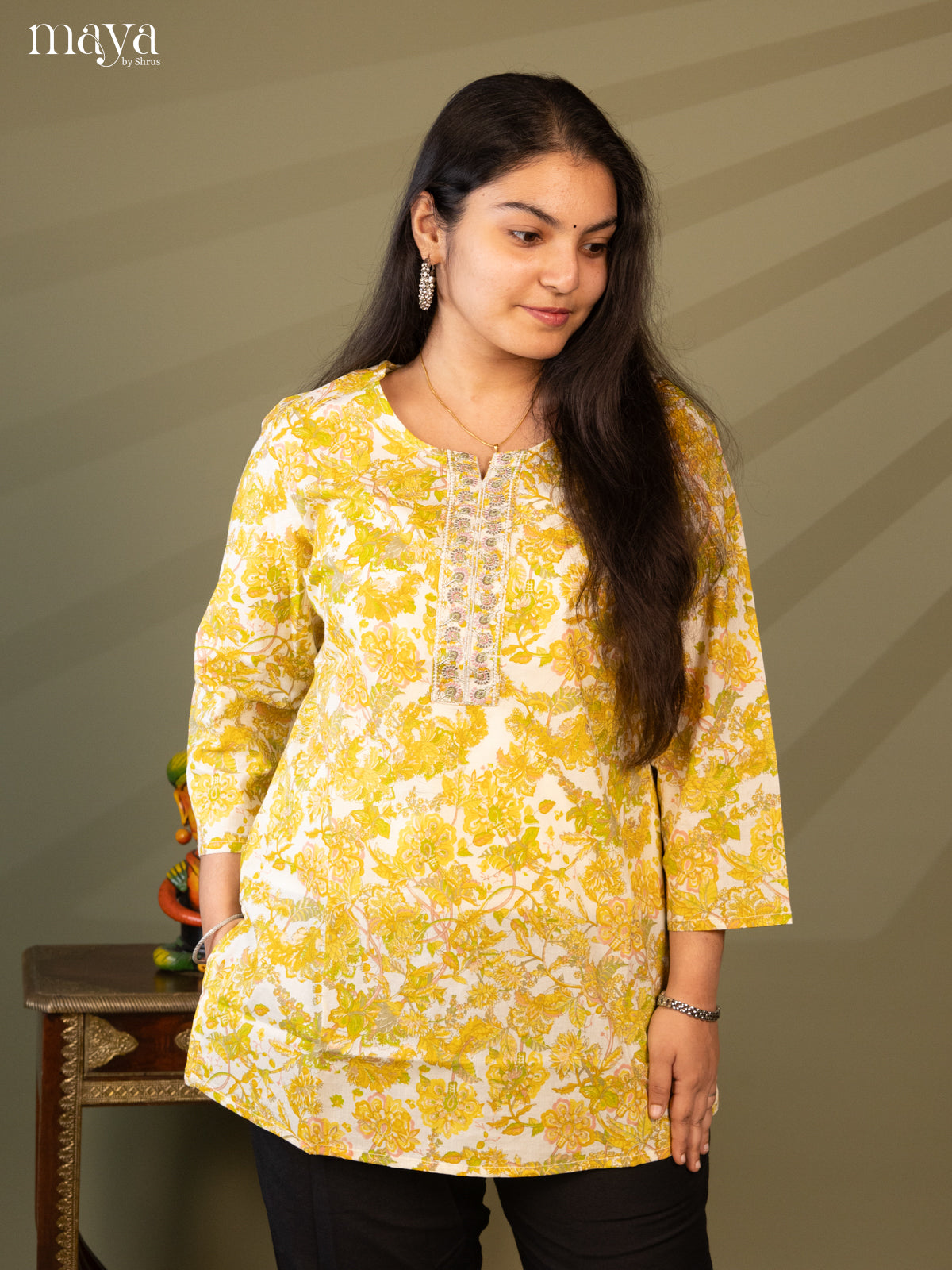 Floral Printed Cream Cotton Short Kurti - Shop on Shrus.com