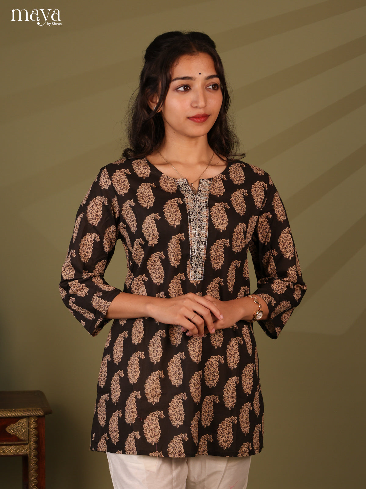 Floral Printed Brown Cotton Short Kurti - Shop on Shrus.com