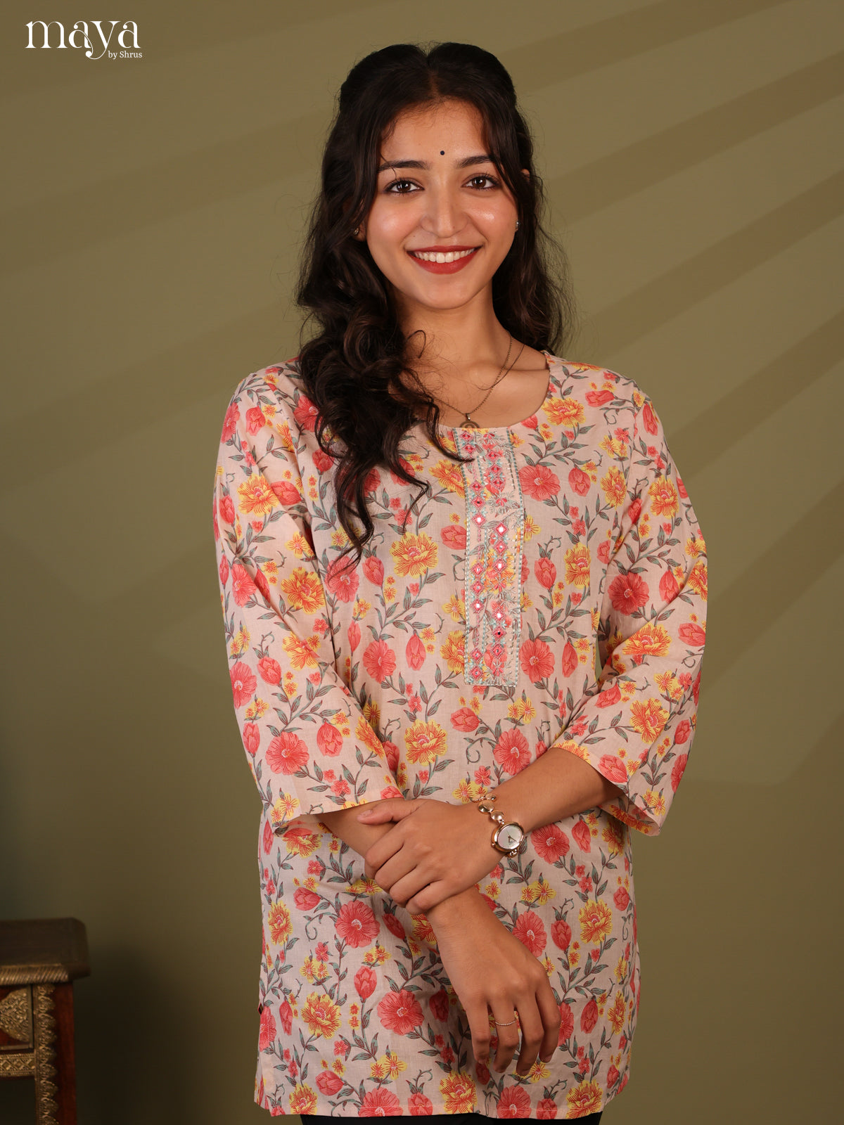 Floral Printed Mauve Cotton Short Kurti - Shop on Shrus.com