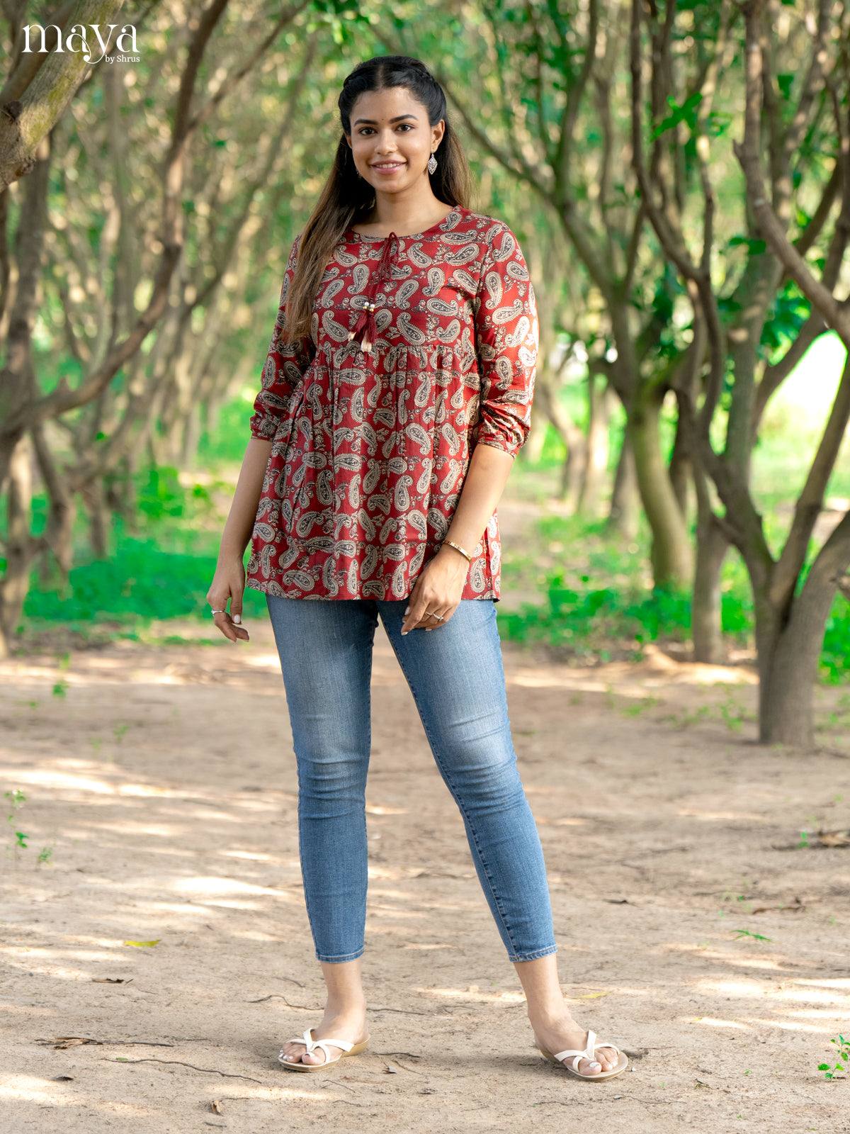 Ajrakh Printed Maroon Cotton Short Kurti - Shop on Shrus.com