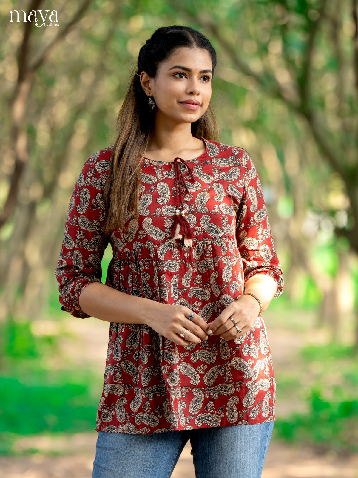 Ajrakh Printed Maroon Cotton Short Kurti - Shop on Shrus.com