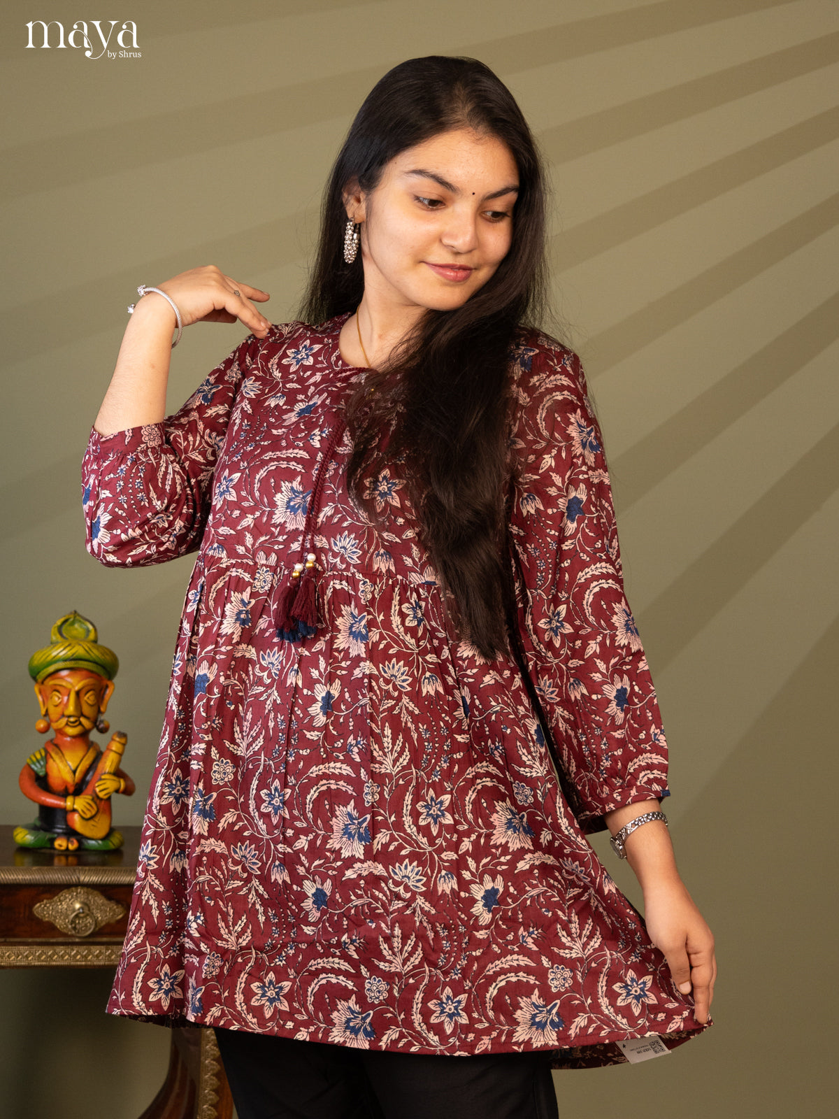 Floral Printed Maroon Cotton Short Kurti - Shop on Shrus.com