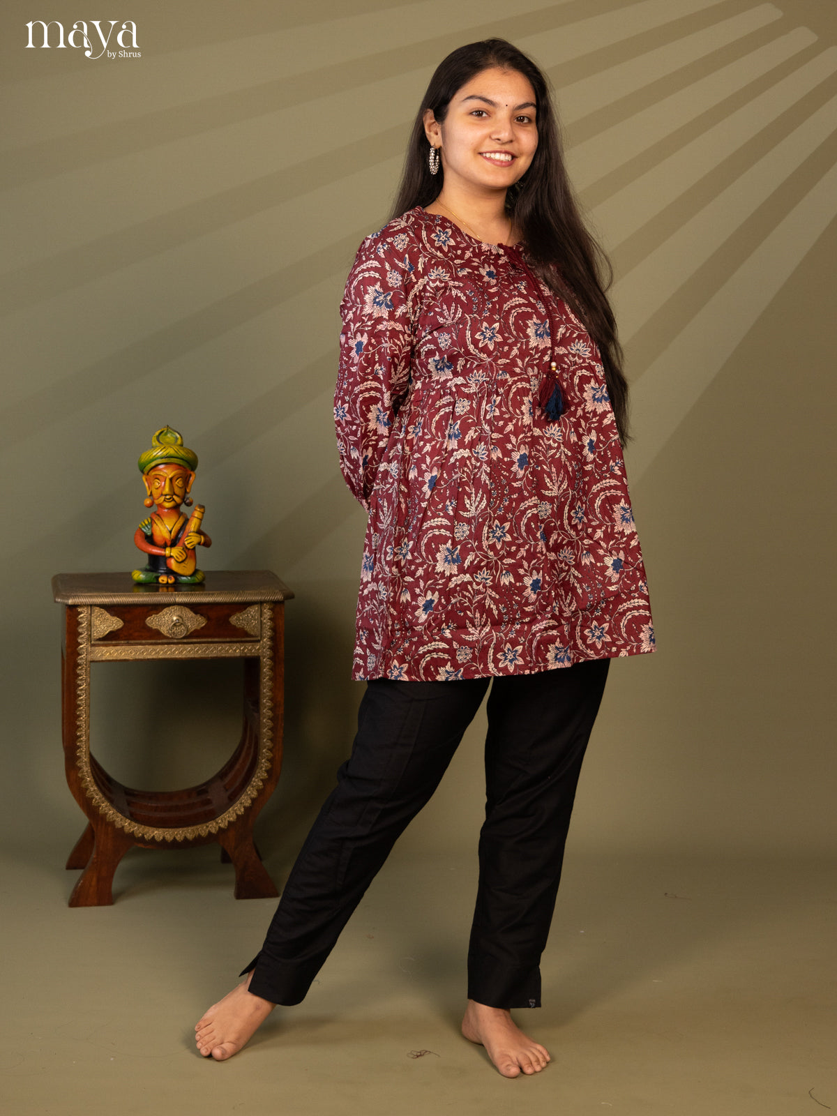 Floral Printed Maroon Cotton Short Kurti - Shop on Shrus.com