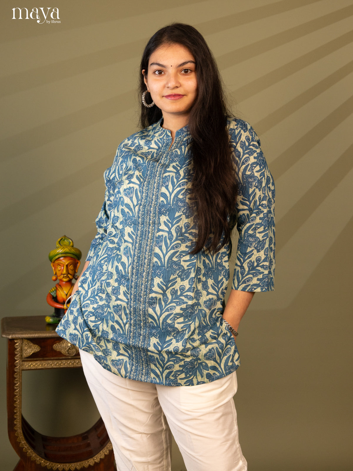Floral Printed Blue Cotton Short Kurti - Shop on Shrus.com