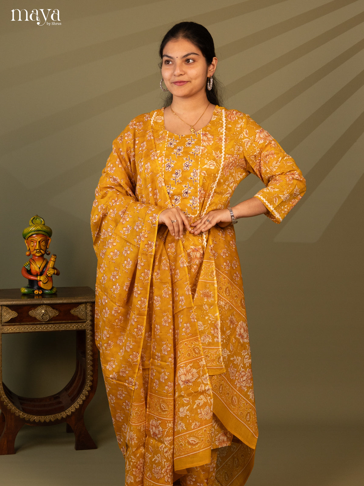 Yellow Cotton 3Pc Salwar Suit with Floral Print - Top, Bottom & Dupatta - Shop on Shrus.com