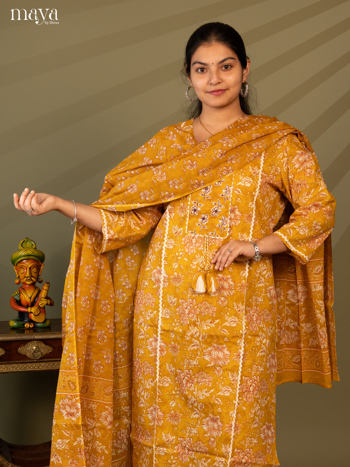 Yellow Cotton 3Pc Salwar Suit with Floral Print - Top, Bottom & Dupatta - Shop on Shrus.com