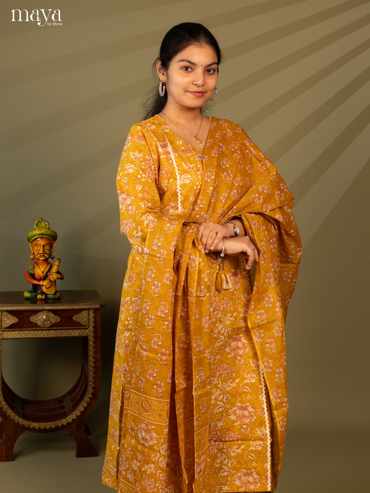 Yellow Cotton 3Pc Salwar Suit with Floral Print - Top, Bottom & Dupatta - Shop on Shrus.com