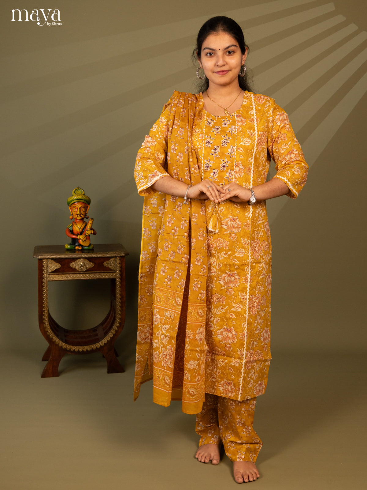 Yellow Cotton 3Pc Salwar Suit with Floral Print - Top, Bottom & Dupatta - Shop on Shrus.com