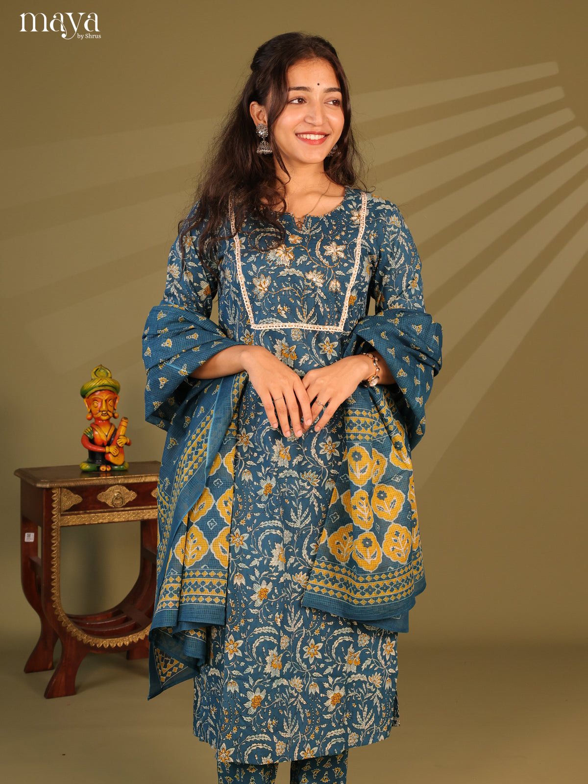 Blue Cotton 3Pc Salwar Suit with Floral Print - Top, Bottom & Dupatta - Shop on Shrus.com