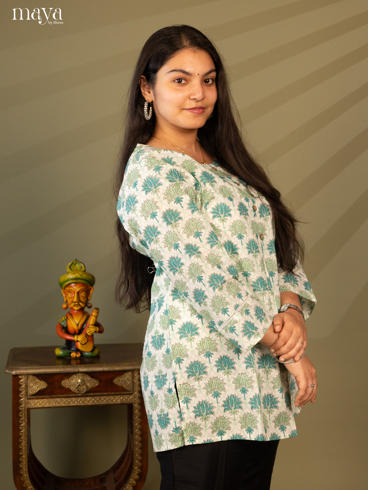 Floral Printed Cream Cotton Short Kurti - Shop on Shrus.com