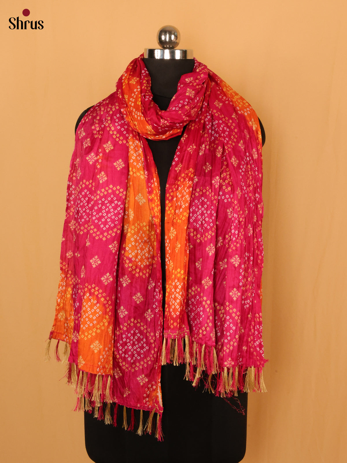 Pink with Yellow colour Bandhani Cotton Mix Dupatta - Shop on Shrus.com