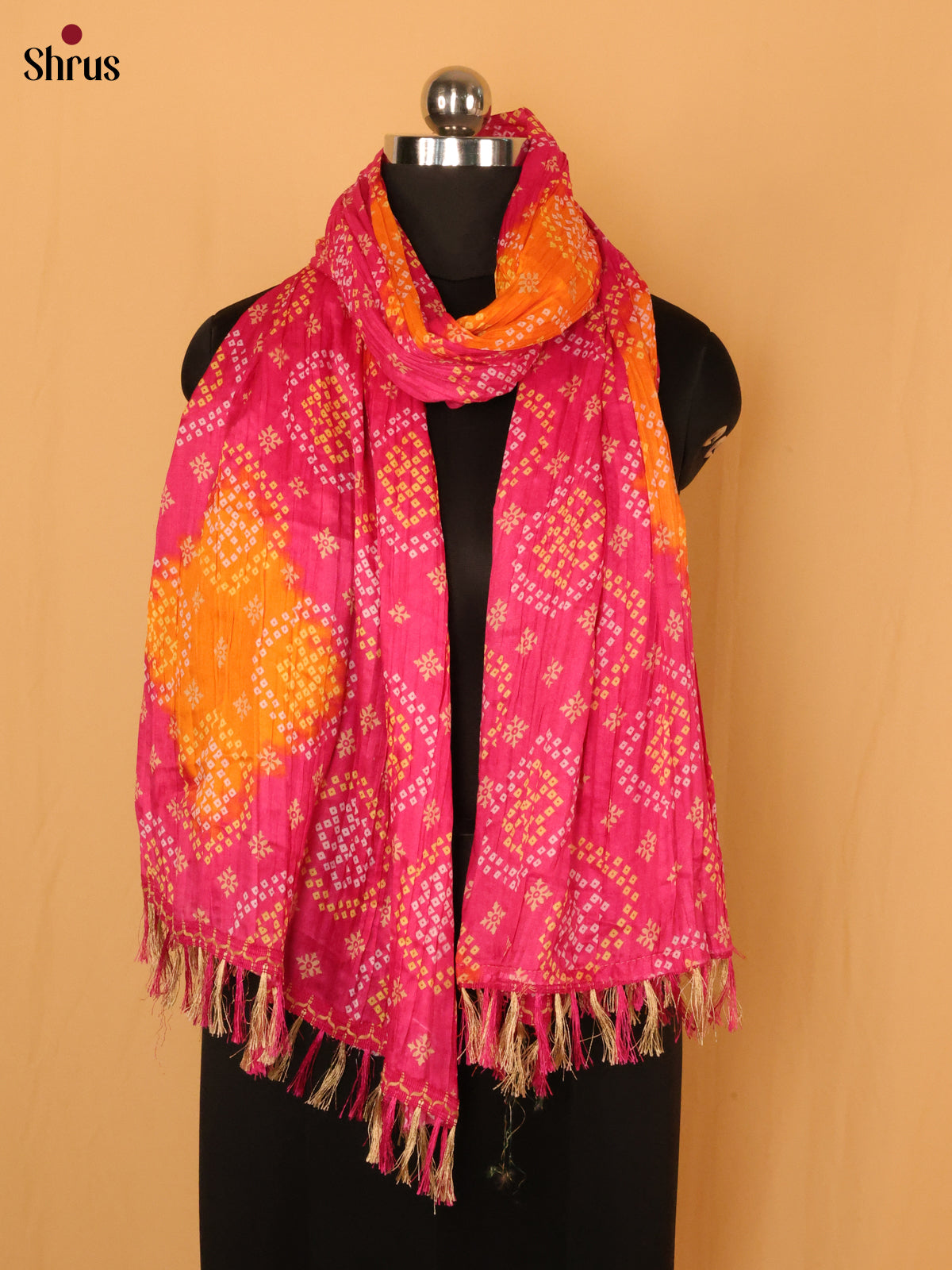 Pink with Yellow Bandhani Cotton Mix Dupatta - Shop on Shrus.com