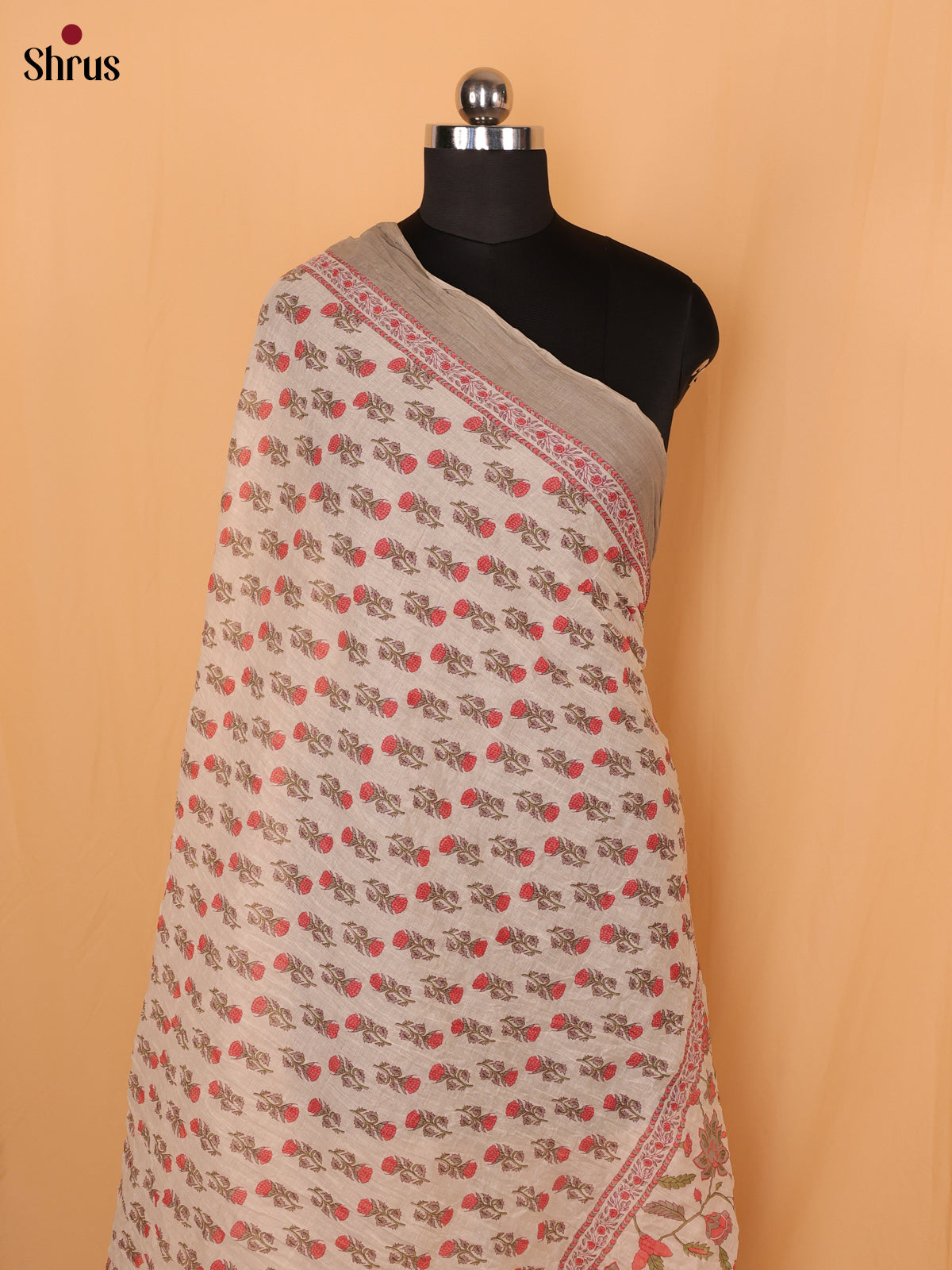 Cream With Grey Floral Print Cotton Dupatta - Shop on Shrus.com