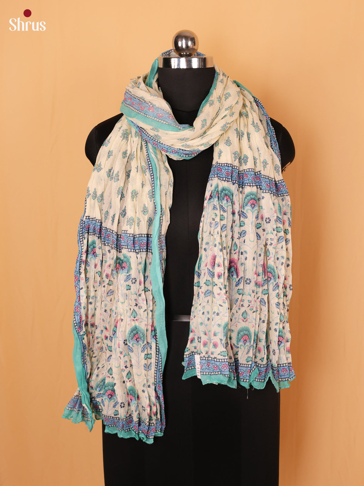 Cream with Blue Floral Print Cotton Dupatta - Shop on Shrus.com