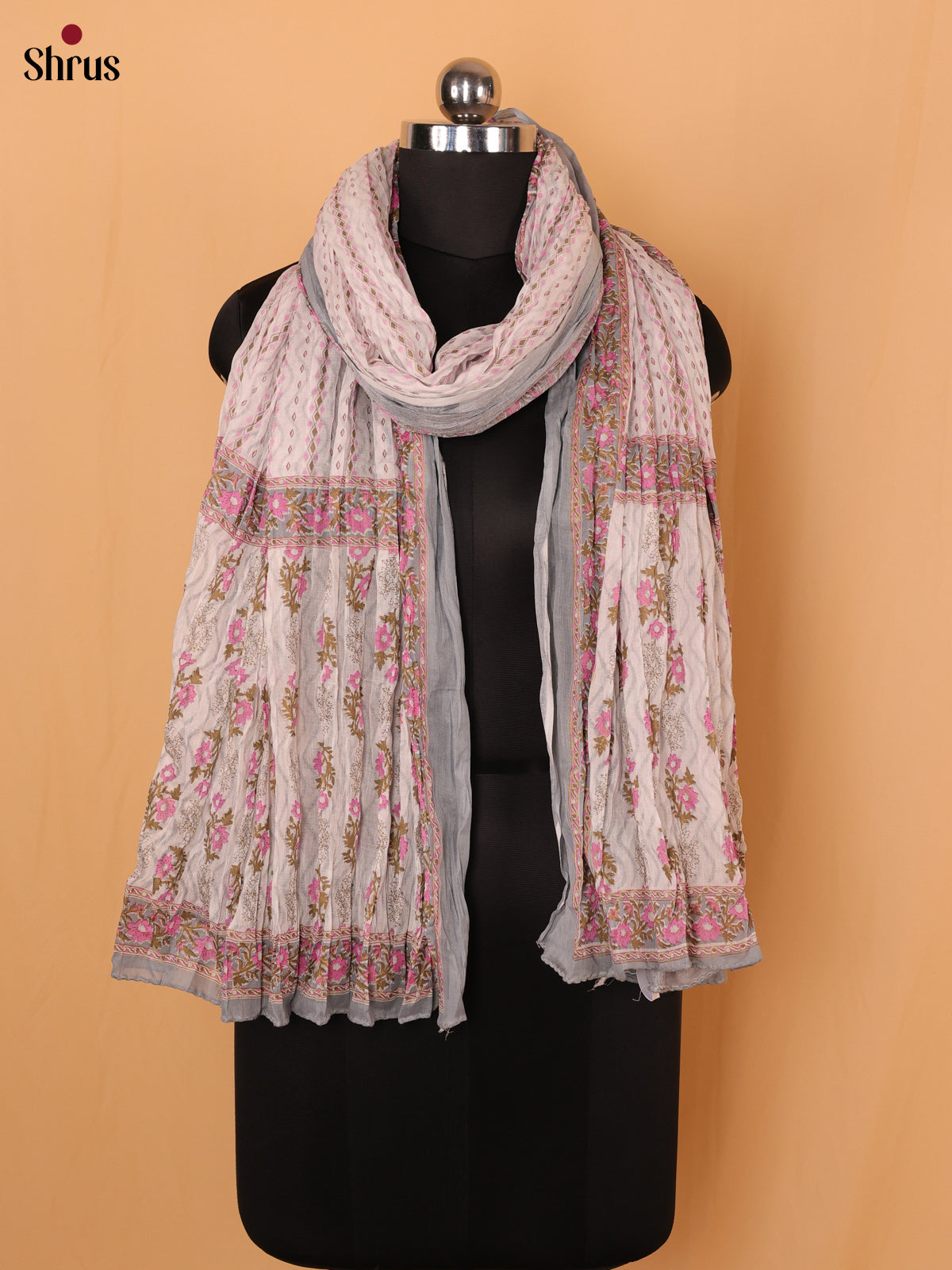 White With Grey Floral Print Cotton Dupatta - Shop on Shrus.com