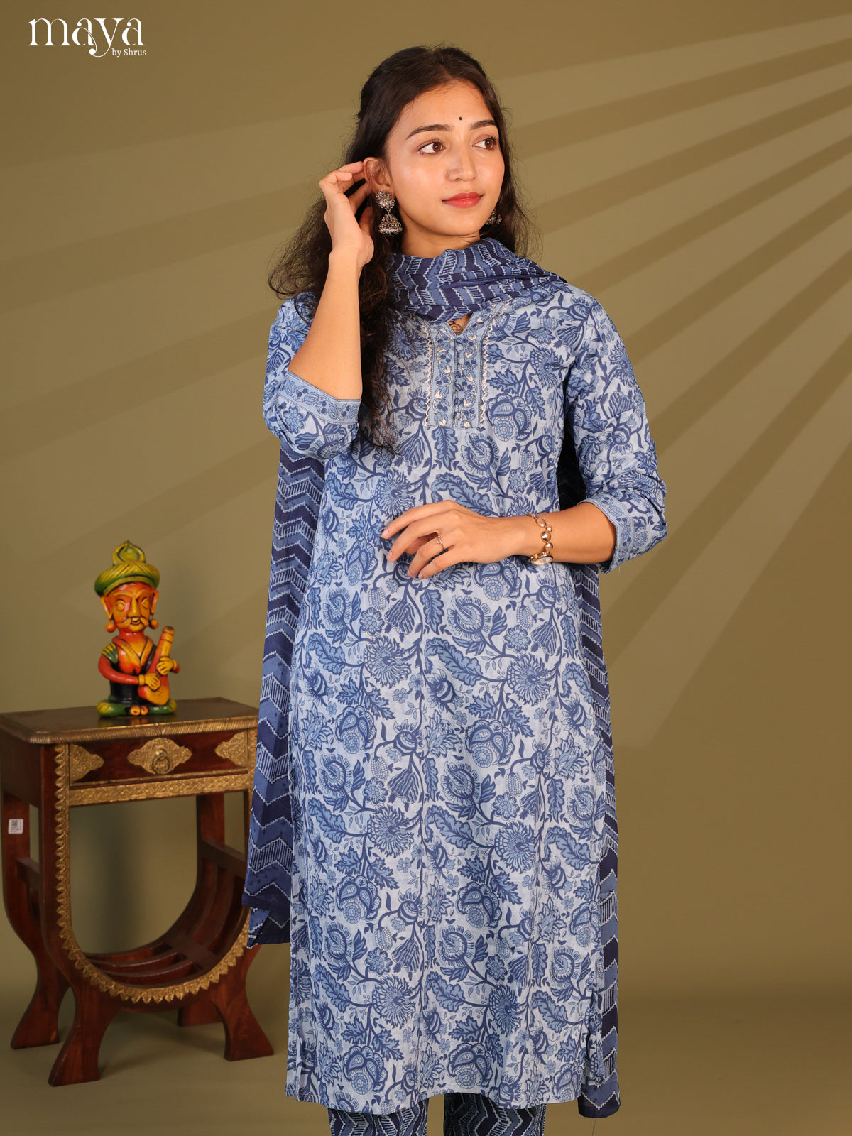 Blue Cotton 3Pc Salwar Suit with Floral Print - Top, Bottom & Dupatta - Shop on Shrus.com