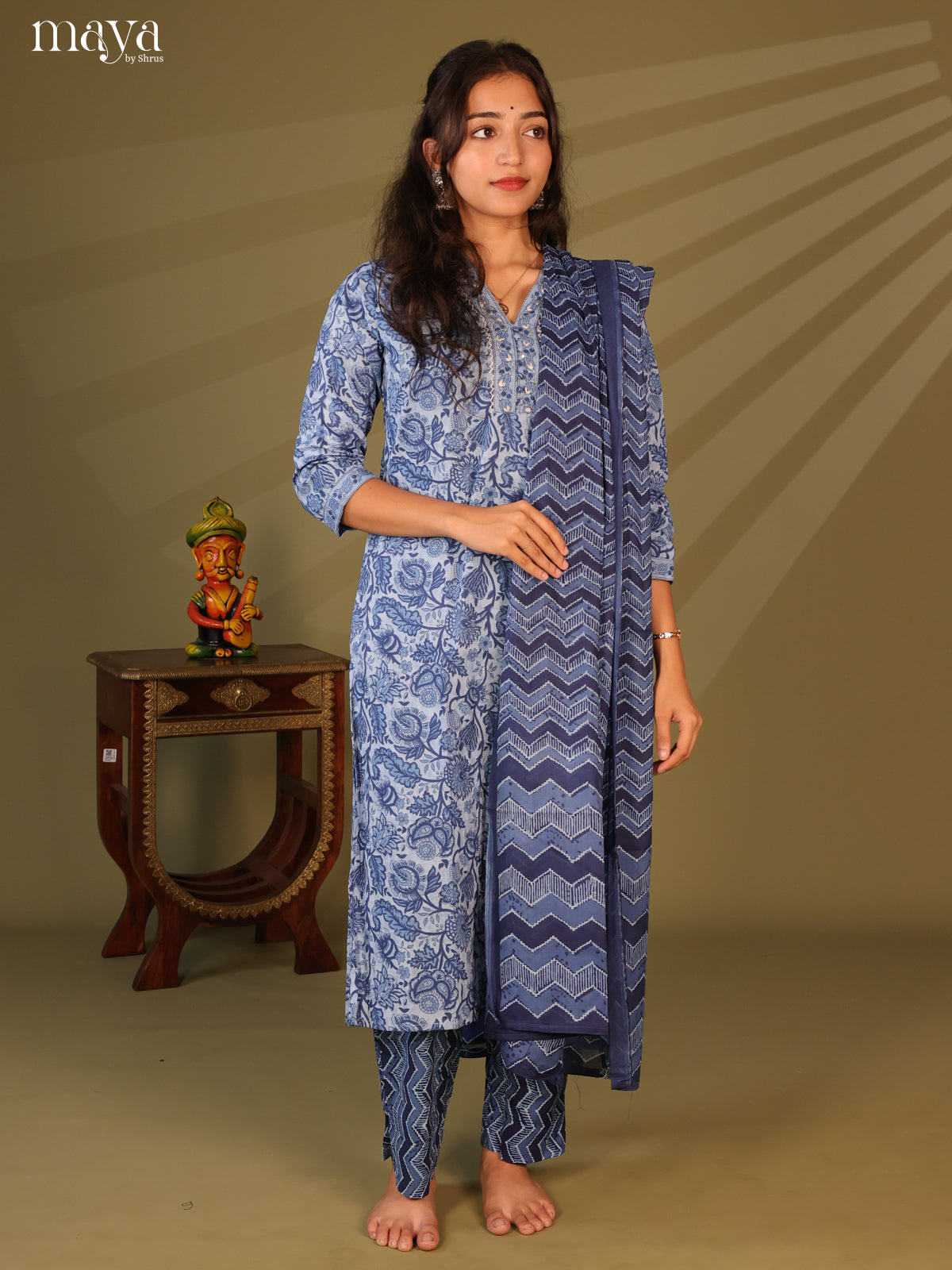 Blue Cotton 3Pc Salwar Suit with Floral Print - Top, Bottom & Dupatta - Shop on Shrus.com