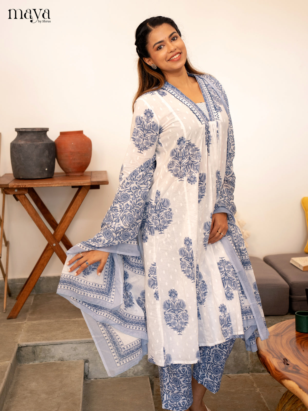 White Cotton 3Pc Salwar Suit Floral Print - Top, Bottom & Dupatta - Shop on Shrus.com