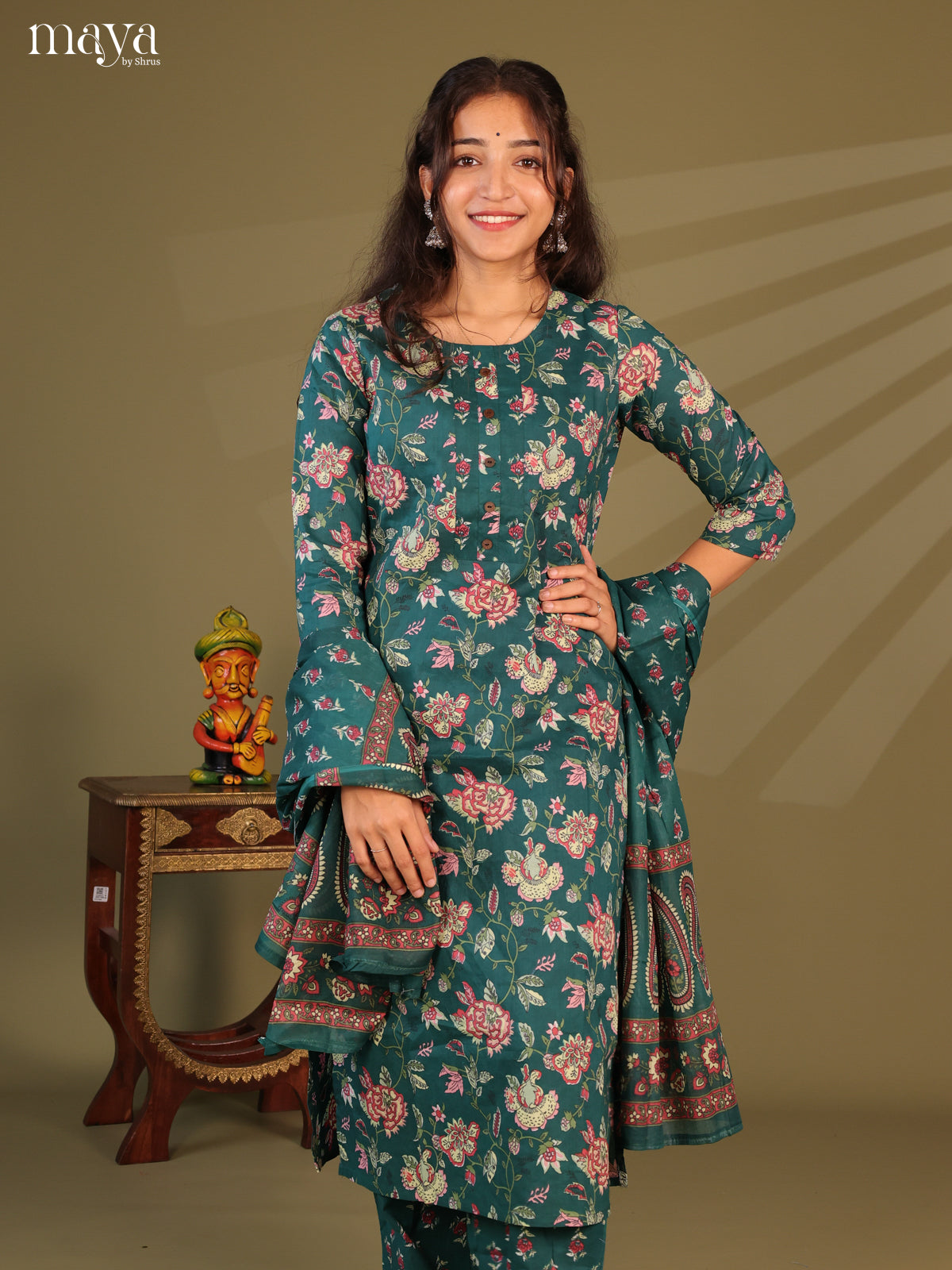 Green Cotton 3Pc Salwar Suit with Floral Print - Top, Bottom & Dupatta - Shop on Shrus.com