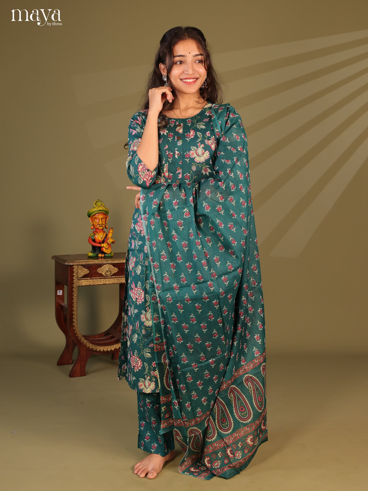 Green Cotton 3Pc Salwar Suit with Floral Print - Top, Bottom & Dupatta - Shop on Shrus.com