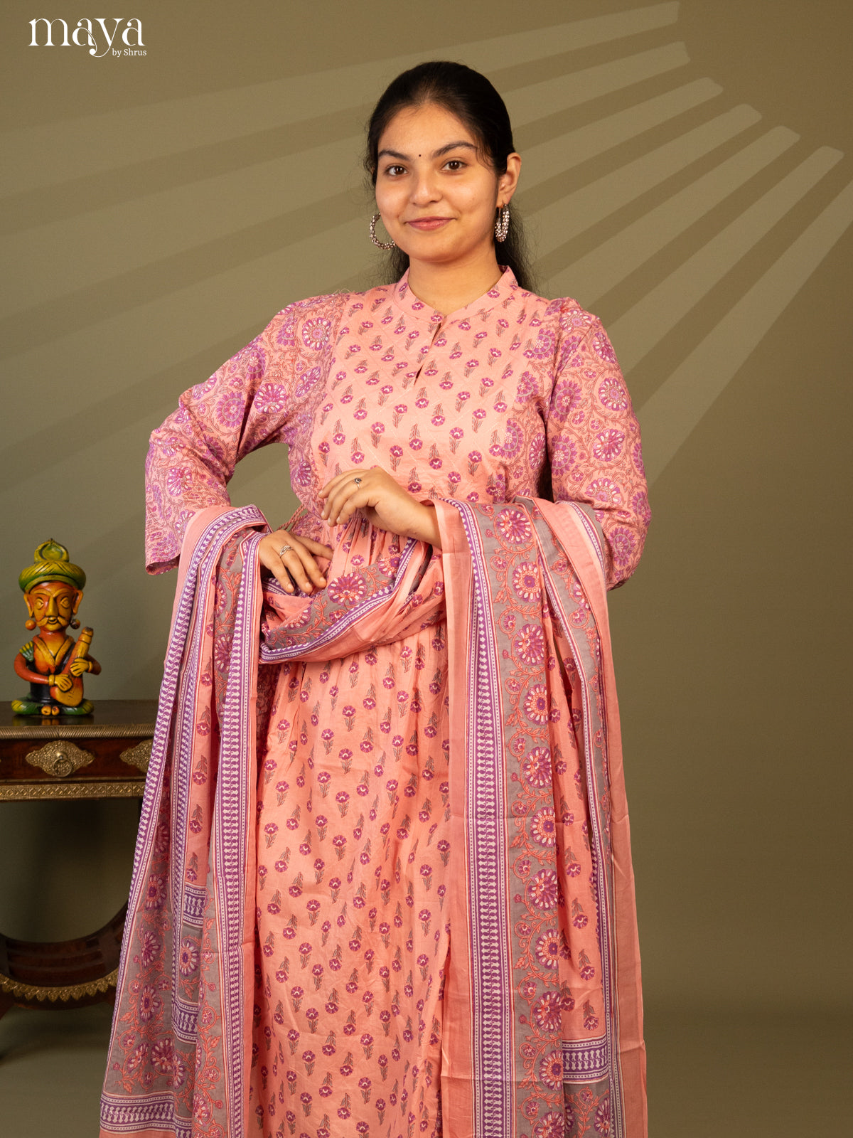 Peach Cotton 3Pc Salwar Suit with Floral Print - Top, Bottom & Dupatta - Shop on Shrus.com