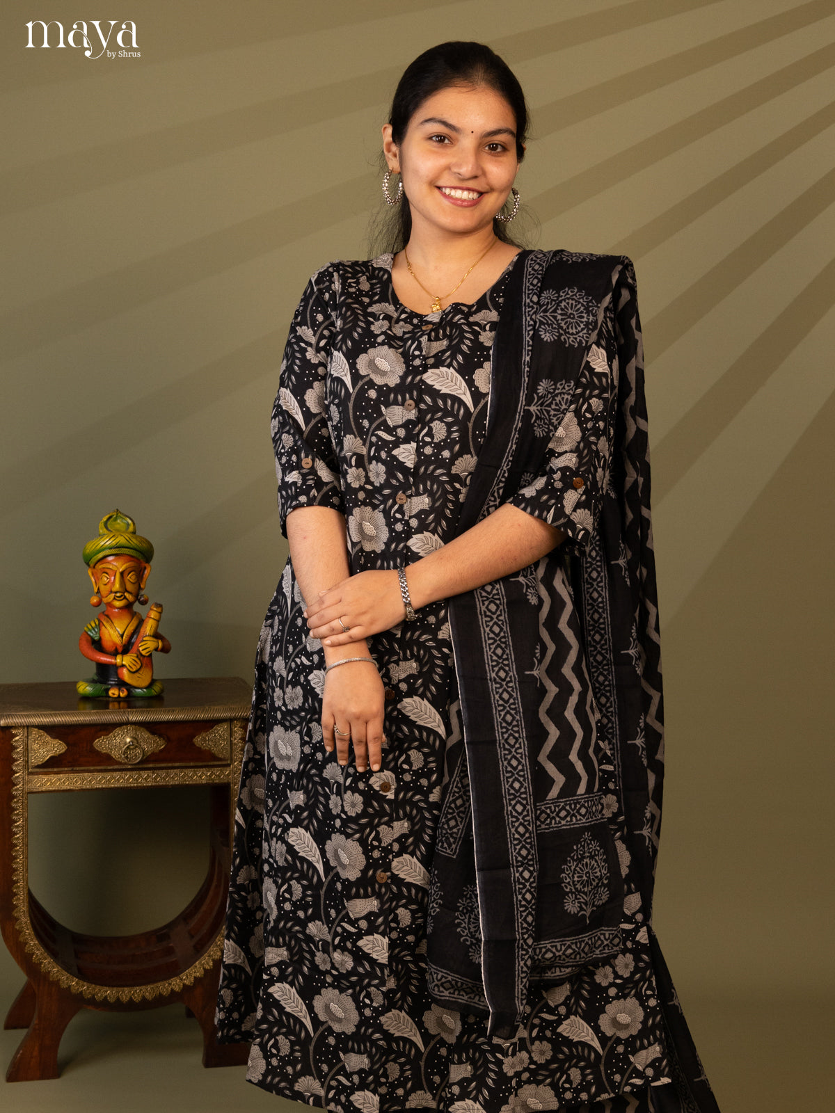 Black Cotton 3Pc Salwar Suit with Floral Print - Top, Bottom & Dupatta - Shop on Shrus.com