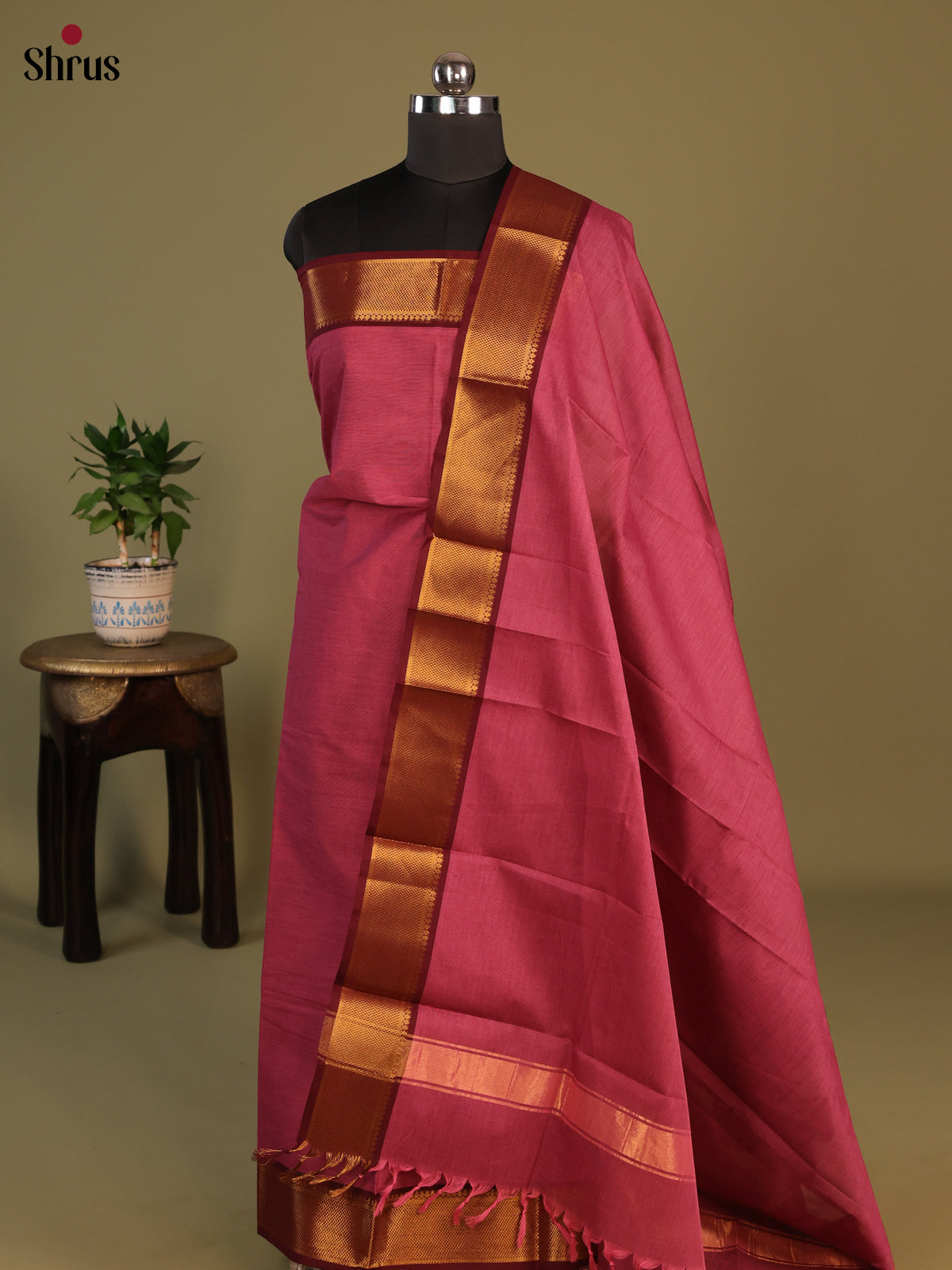 Pink & Maroon Chettinad Cotton Unstitched Top & Dupatta- MCL23042 - Shop on Shrus.com