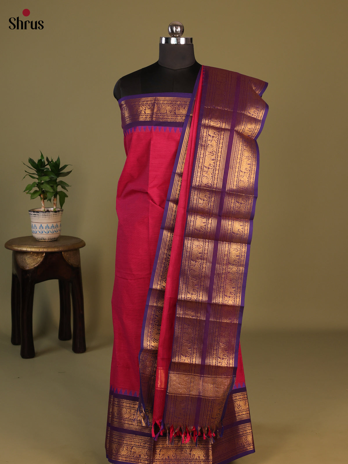 Maroon with Blue Chettinad Cotton Unstitched Suit Set - Shop on Shrus.com
