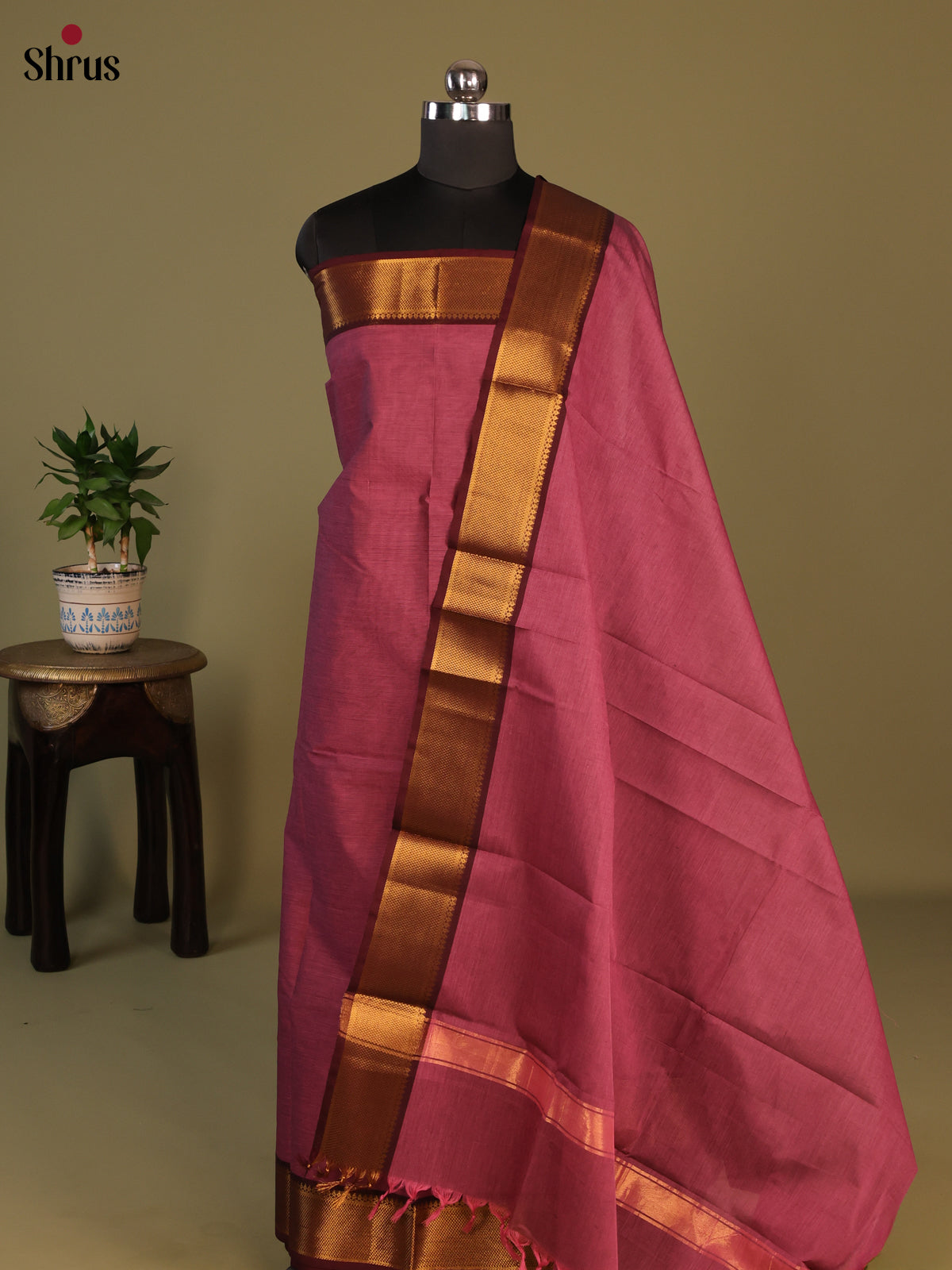 Pink with Maroon Chettinad Cotton Unstitched Suit Set - Shop on Shrus.com