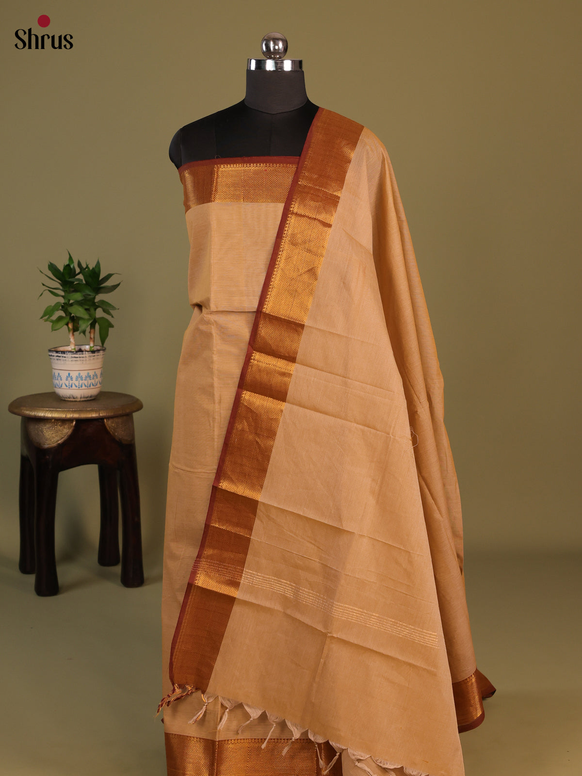 Beige with Brown Chettinad Cotton Unstitched Suit Set - Shop on Shrus.com