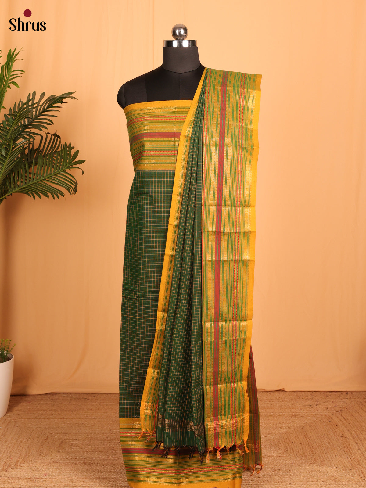 Green with Yellow Chettinad Cotton Unstitched Suit Set - Shop on Shrus.com