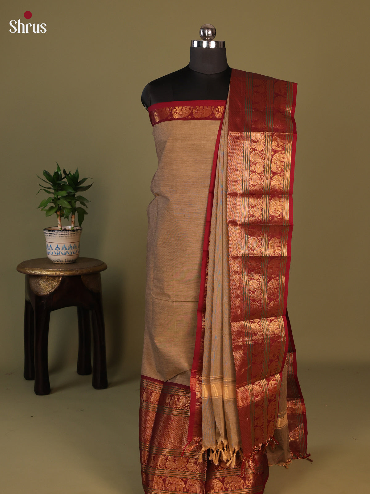 Grey with Maroon Chettinad Cotton Unstitched Suit Set - Shop on Shrus.com