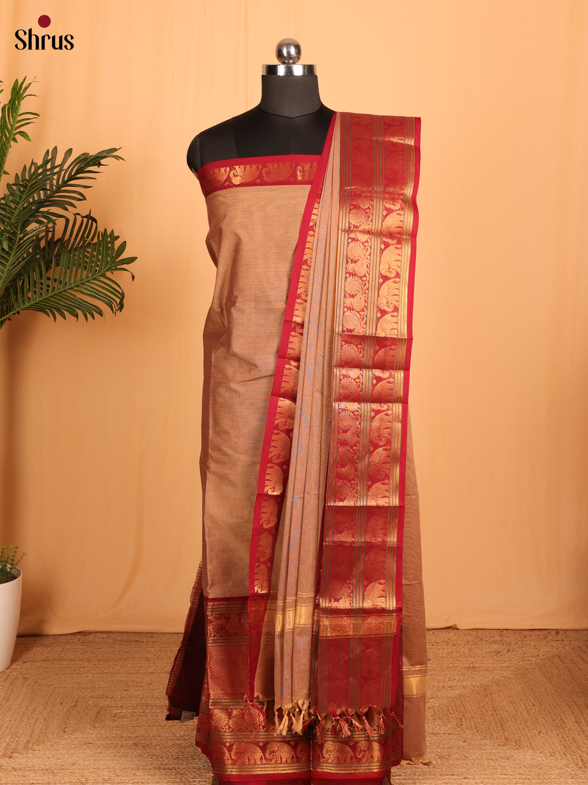 Light Brown with Red Chettinad Cotton Unstitched Suit Set - Shop on Shrus.com