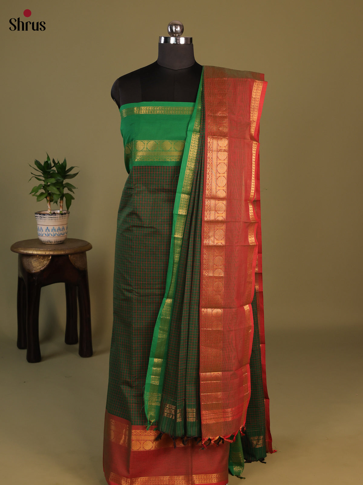 Green & Brown Chettinad Cotton Unstitched Top & Dupatta- MCL23058 - Shop on Shrus.com