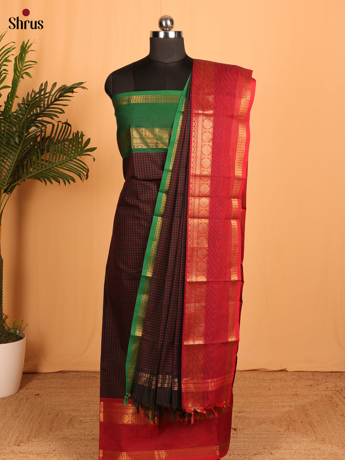 Browm with Red Chettinad Cotton Unstitched Suit Set - Shop on Shrus.com