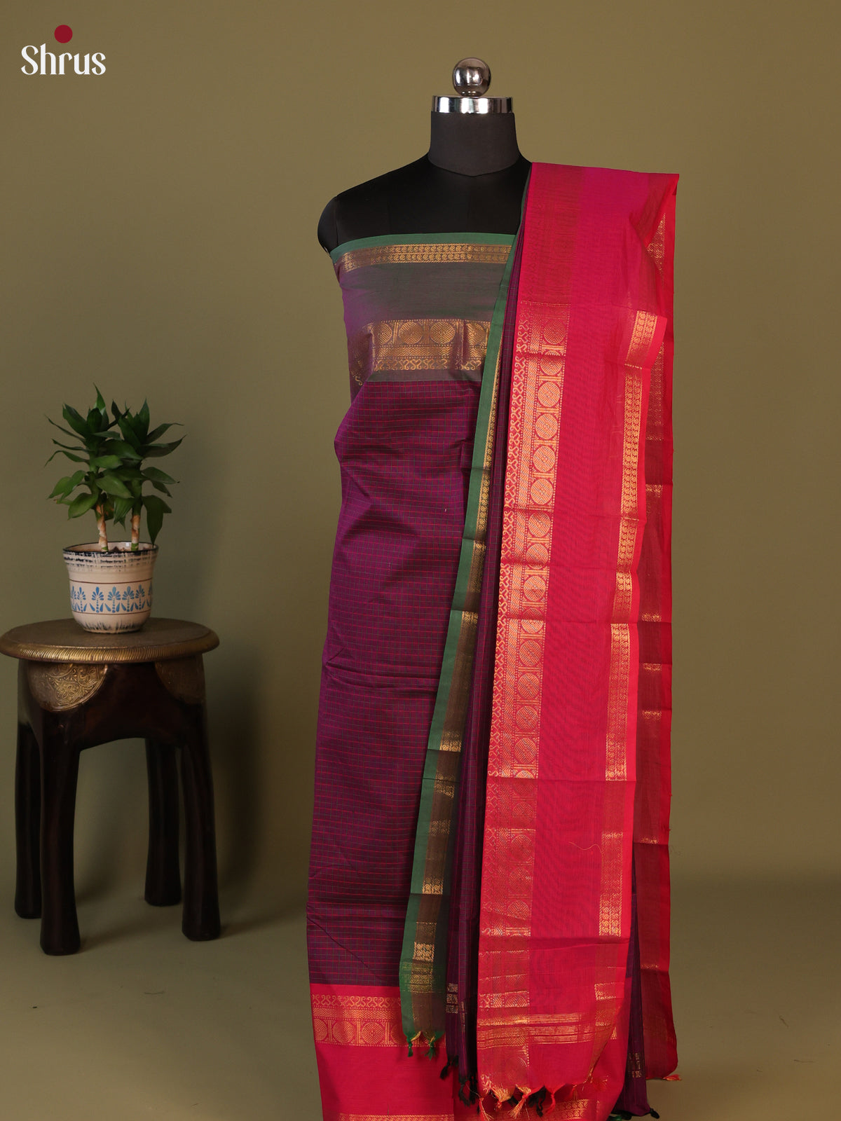 Purple with Pink Chettinad Cotton Unstitched Suit Set - Shop on Shrus.com
