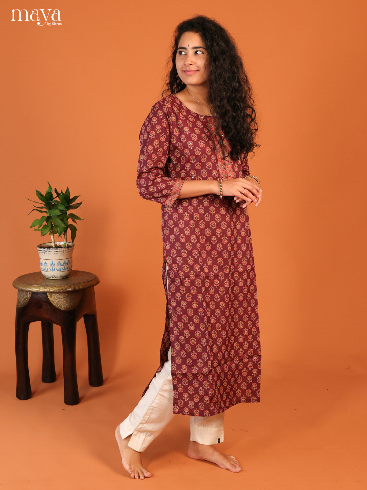 Ajrakh Printed Magenta Cotton Kurti - Shop on Shrus.com