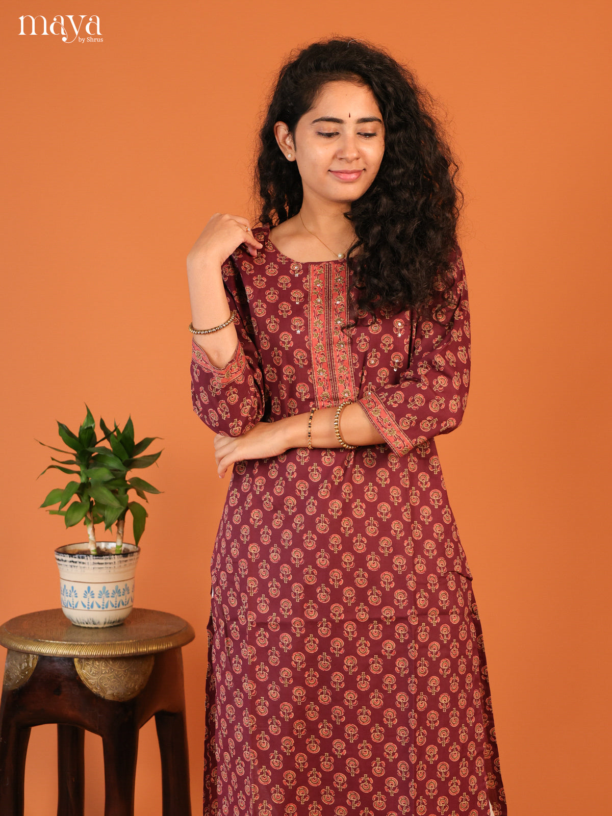 Ajrakh Printed Magenta Cotton Kurti - Shop on Shrus.com