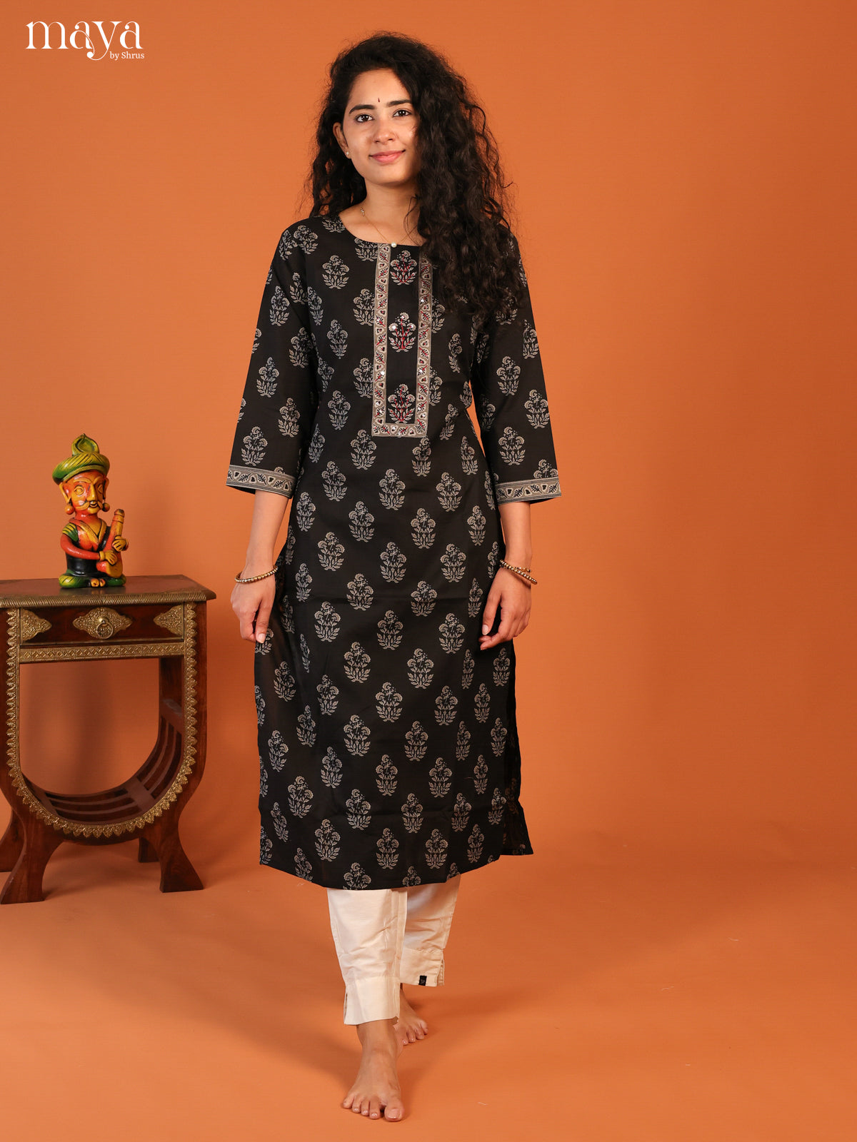 Black Floral Printed Cotton Kurti - Shop on Shrus.com