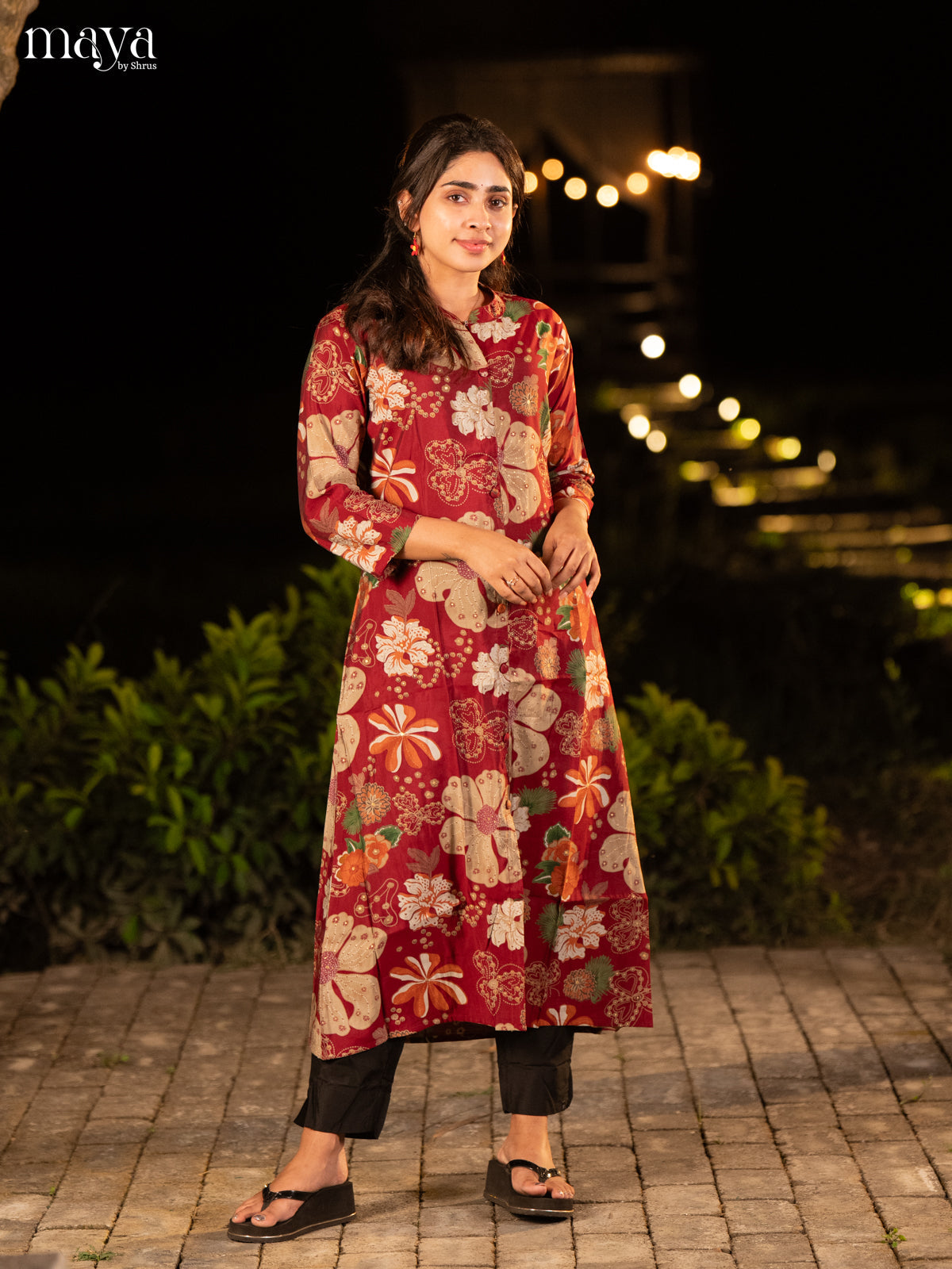 Floral Printed Maroon Rayon Kurti - Shop on Shrus.com