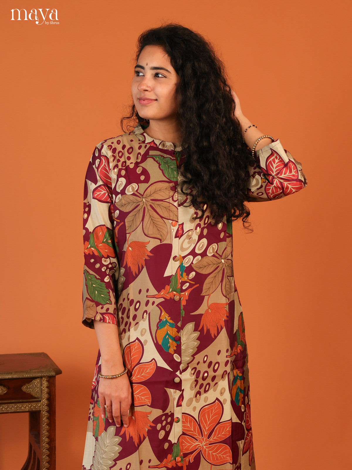 Floral Printed Maroon Rayon Kurti - Shop on Shrus.com