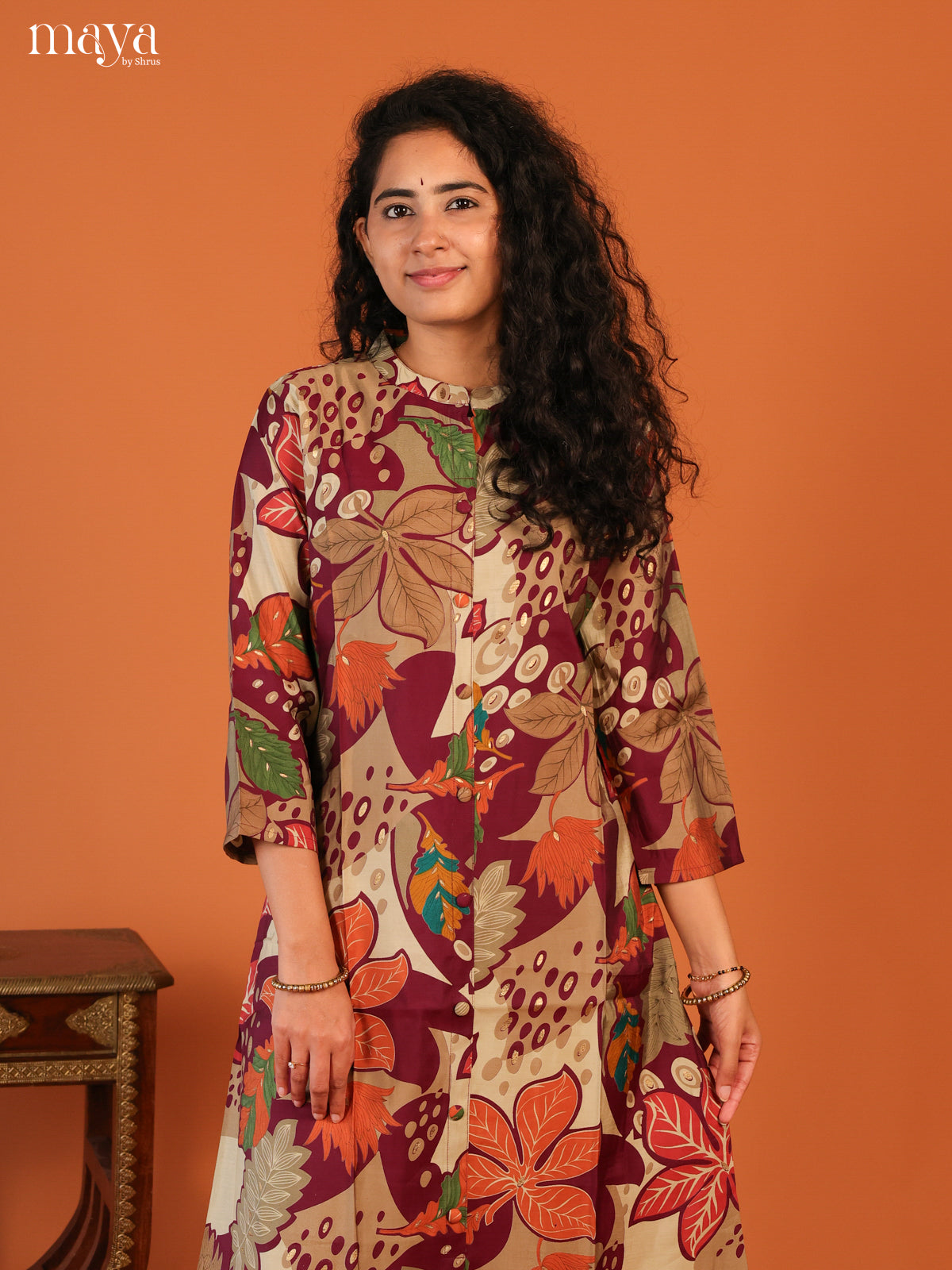 Floral Printed Maroon Rayon Kurti - Shop on Shrus.com