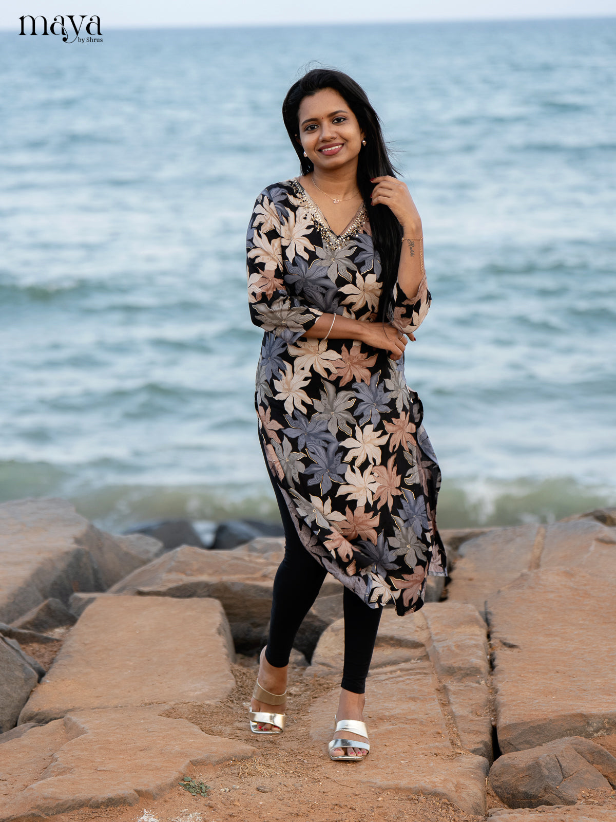 Black Floral Printed Rayon Kurti - Shop on Shrus.com