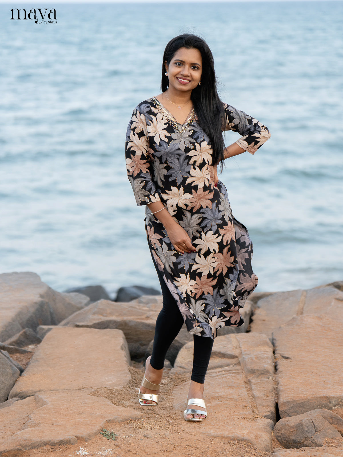 Black Floral Printed Rayon Kurti - Shop on Shrus.com