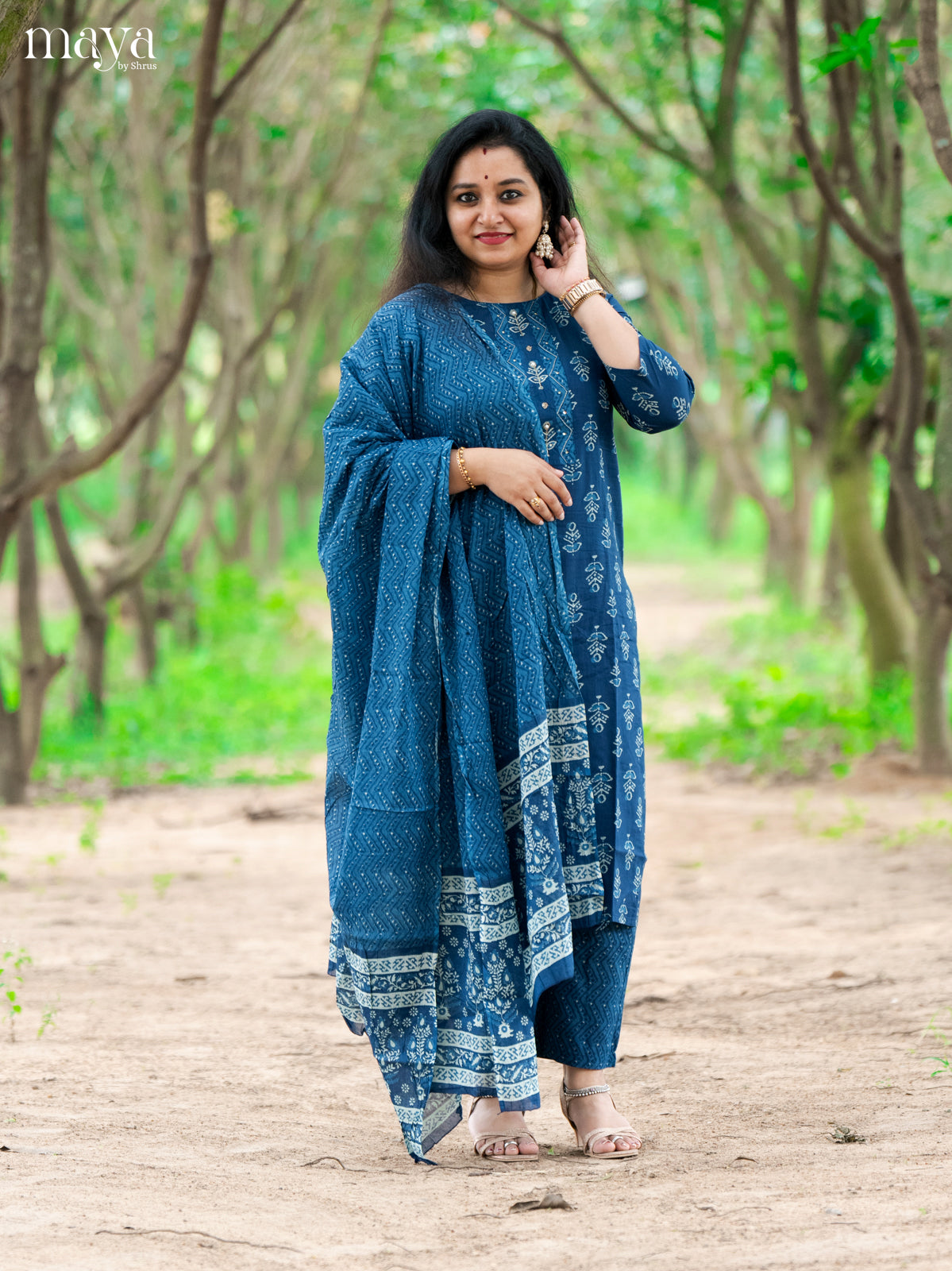 Blue Cotton 3Pc Salwar Suit Floral Print - Top, Bottom & Dupatta - Shop on Shrus.com