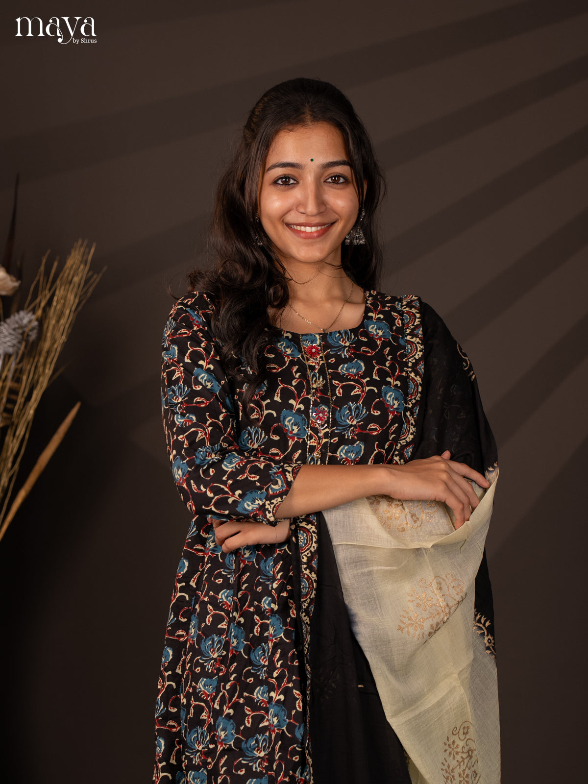 Black Cotton 3Pc Salwar Suit with Floral Print - Top, Bottom & Dupatta - Shop on Shrus.com