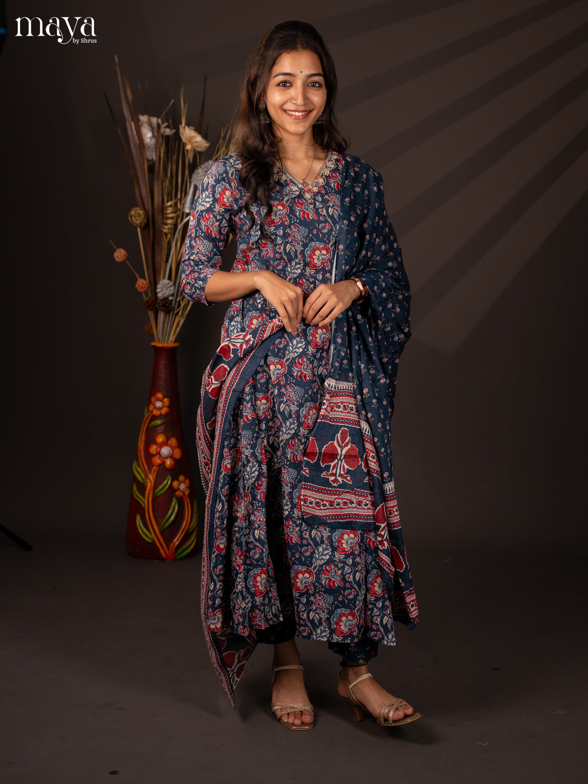 Blue Cotton 3Pc Salwar Suit with Floral Print - Top, Bottom & Dupatta - Shop on Shrus.com